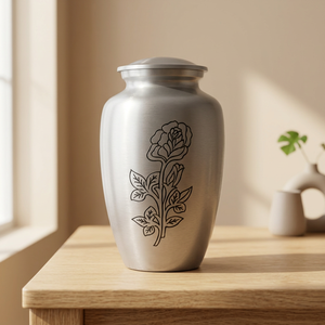 Urne funéraire en aluminium argenté de style européen pour cendres d'animaux de compagnie, d'enfants ou d'adultes, vase commémoratif gravé motif rose, écologique - Product Image 1