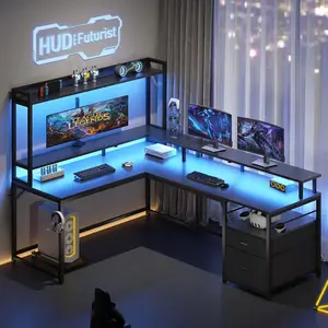 L Shaped Computer Desk with File Drawer Monitor Shelf for Home Office Reversible Corner Gaming Desk with Hutch and Led Lights