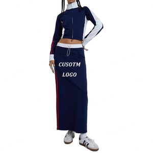 Jupe longue de style sport pour femme avec logo personnalisé, en jersey de coton tricoté, à rayures latérales, jupe maxi, jupe midi sportive marine - Product Image 1