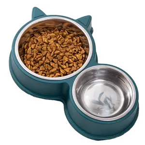 스팟 도매 국경 홈 스타일 애완 동물 먹이 더블 그릇 마시는 물 먹이 그릇 더블 벽 스테인레스 스틸 그릇