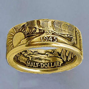 H327 Gold Vintage <b>Coin</b> <b>Ring</b> Half Dollar 1945 Unisex Everyday Wear Fine Jewelry - Product Image 2