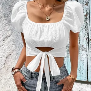 Square Collar Short Sexy Backless Top For Women Cut Out Knot Front Puff Sleeve Crop Blouse
