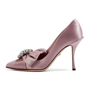 Sapatos Enmayer moda cristal embelezado bombas de cetim primavera sexy apontou arco sapatos de strass das mulheres