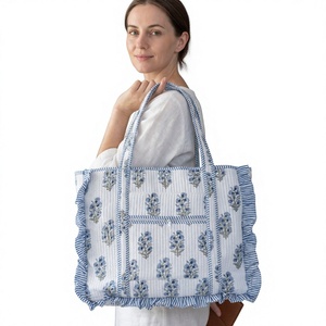 Sac fourre-tout écologique jaune patchwork matelassé à volants, réutilisable, en pur coton, avec logo personnalisé imprimé, grand format, pour le shopping - Product Image 1