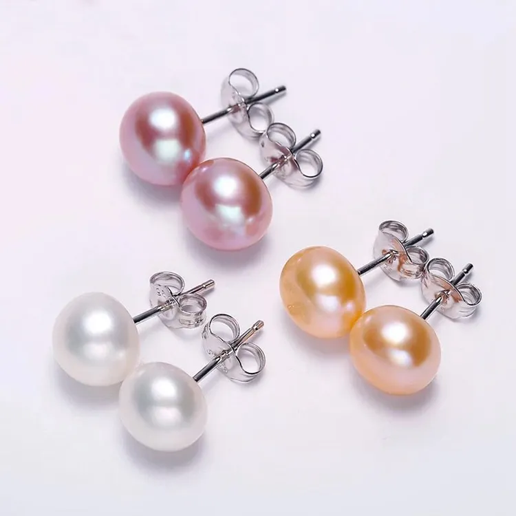 Boucles d'oreilles en perles d'eau douce en argent, livraison gratuite, 6.5-7mm, perles à dos plat, vente en gros, 925