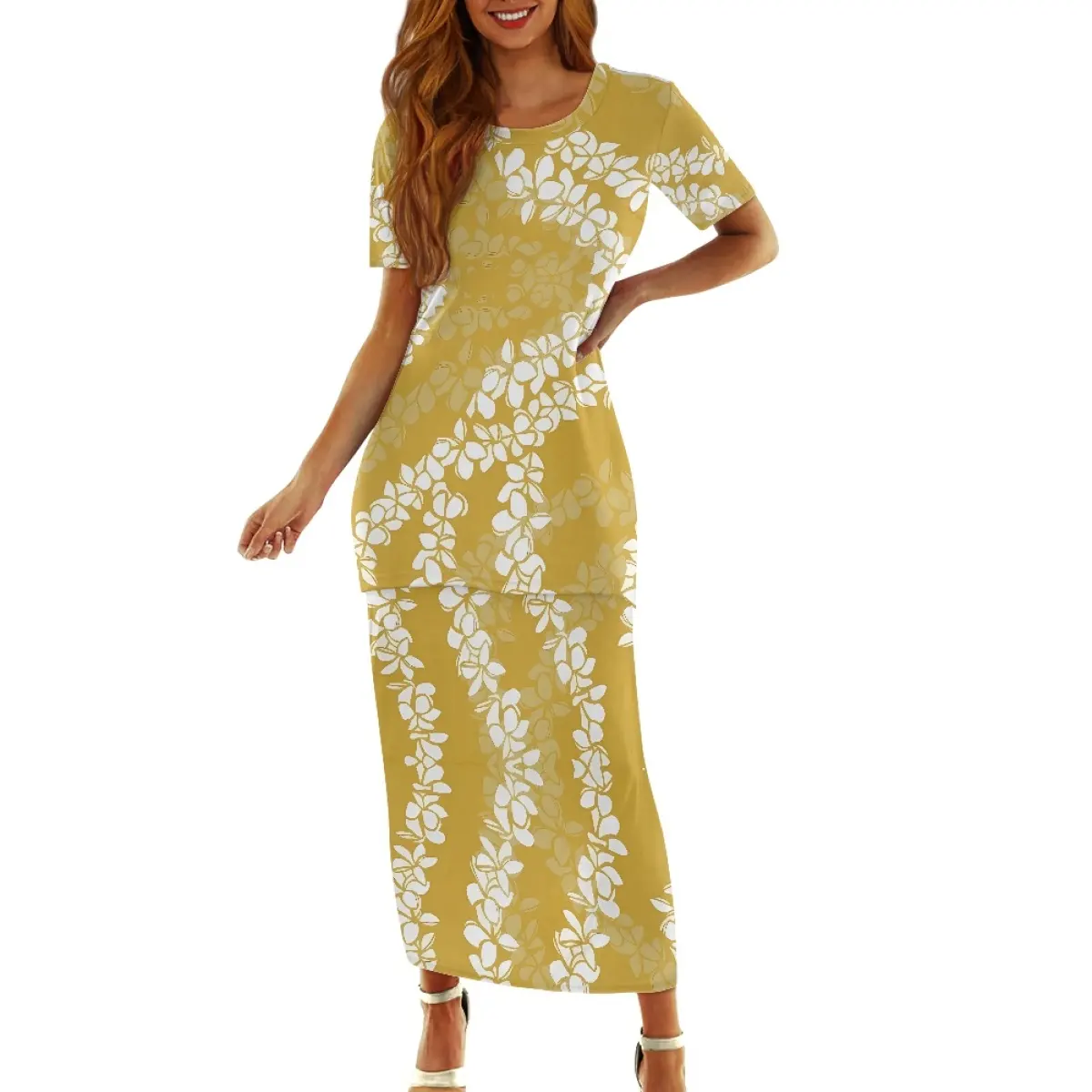 Conjunto grande de Samoa puletasi de 2 piezas para mujer, blusa con estampado de hibisco de manga corta a la moda, vestido informal suelto 7XL para playa