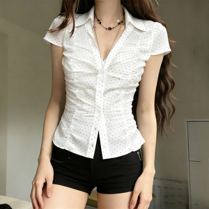 Blusa con cuello en V y cintura ceñida con lunares estilo Sweet Fresh – Camisa informal para niña - Product Image 5