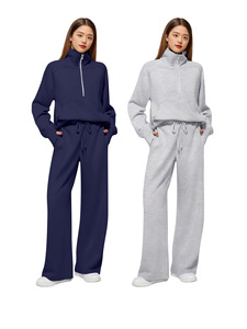 Wholesale Women Two <b>Sets</b> Breathable Polyester Tracksuit Half Zip Pullover Sweatshirt Wide Leg Sweatpants - Product Image 3