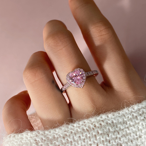 Bague tendance pour femme, plaquée or, sertie de zircone cubique rose en forme de cœur, bague de promesse pour cœur - Product Image 5