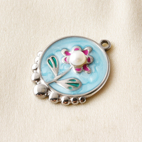 Liontin Bunga Oval Bulat Senmei Stainless Steel Biru/Pink untuk Pembuatan Perhiasan, Anti Karat
