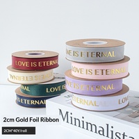 Pita Satin Berlapis Emas 2.5cm dengan Benang Foil, Motif Bunga LOVE, Bahan Poliester untuk Kemasan Buket, Hadiah, dan Dekorasi Bunga