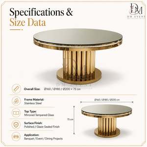Table ronde d'événement en acier inoxydable doré avec base colonne et plateau en verre trempé miroir, finition laquée, vente en gros - Product Image 5