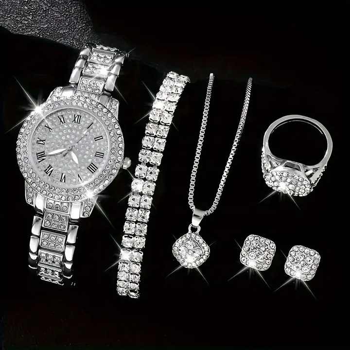 YAZILIND 4-Piece Rhinestone Flower Jewelry Set – Necklace, Earrings, Ring & Bracelet, Vintage Bridal Banquet Set