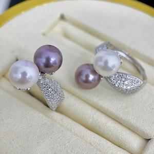 Anillo de Perlas Naturales de Grado Joyería, Doble Hilera, Elaborado con Plata Pura Dorada, Anillos de Diamantes Ligeramente Deslumbrantes de 9-10 mm - Product Image 2