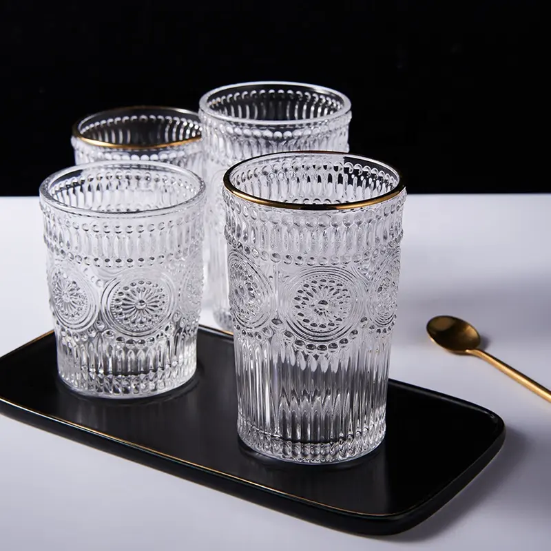 Tasses en verre de tournesol gravé, tasse en verre rétro antique en relief à bord doré, tasse à boire de jus d'eau nordique ins