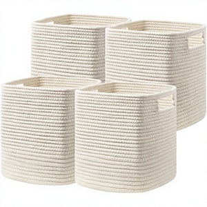 Juego de 4 Cubos de Almacenamiento de Cuerda de Algodón - Cestas Cúbicas de 13x13x13 Pulgadas con Asas para Estantes, Juguetes y Libros, Color <span class=keywords><strong>Beige</strong></span> - Product Image 1