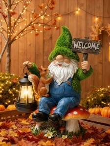 Figura de Gnomo de Jardín Hecha a Mano en Resina, Pintada a Mano, Gnomo de Jardín Solar con Letrero de Bienvenida, Decoración de Jardín - Product Image 2