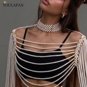 YouLaPan VG67 Bolero de Moda con Cadena de Perlas para Mujer, Capa con Mangas y Cuello Redondo, Cárdigan de Perlas, Accesorios para Vestido de Fiesta, Chal de Boda - Product Image 3