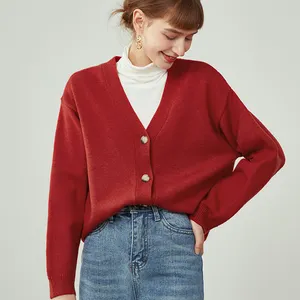 秋季批发OEM/ODM优雅v领单排扣长袖休闲宽松针织女式开衫红色夹克外套毛衣