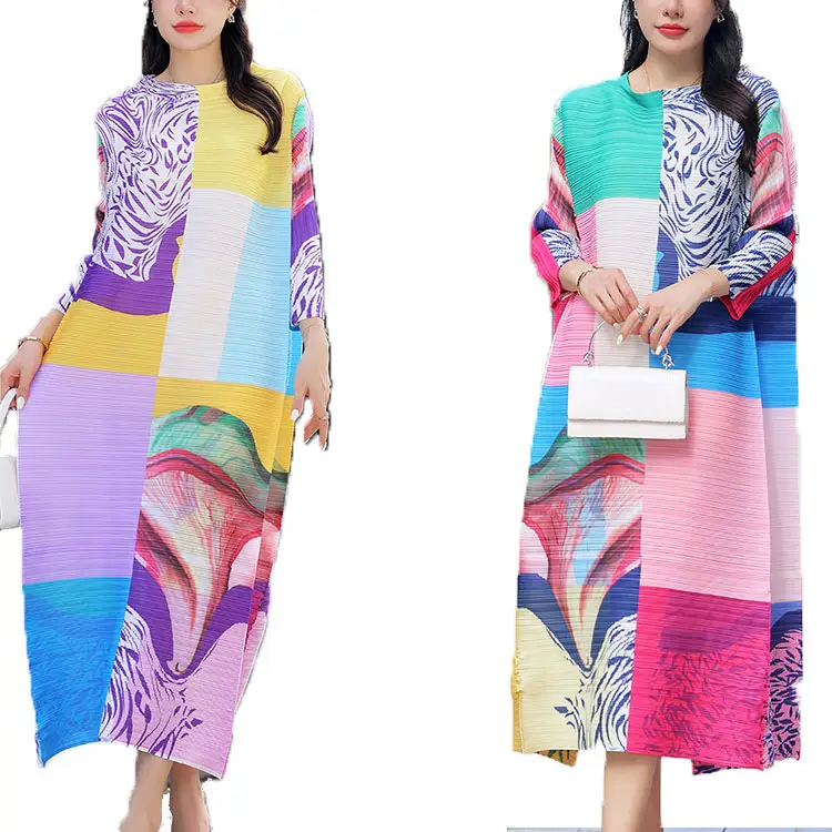 Vestido plisado multicolor con estampado abstracto para mujer, plisados vestidos de noche de lujo africanos de talla grande de manga larga Miyake