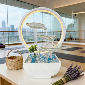Fontaine d'eau de table moderne avec galets de cristal, design feuille <span class=keywords><strong>en</strong></span> <span class=keywords><strong>verre</strong></span> transparent, anneau lumineux LED, alimentation USB, décoration intérieure - Product Image 1