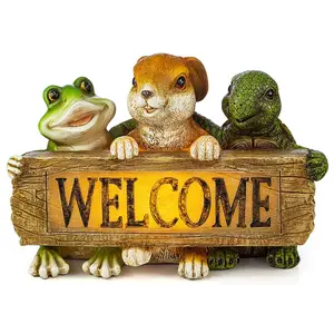 Panneau bienvenue en résine/résine, 12 pièces, signe des amis, grenouille, lapin, tortue, batterie solaire, LED, décorations d'extérieur et de jardin