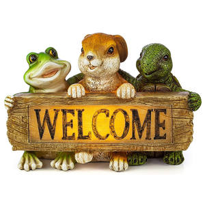 Panneau bienvenue en résine/résine, 12 pièces, signe des amis, grenouille, lapin, tortue, batterie solaire, LED, décorations d'extérieur et de jardin - Product Image 1