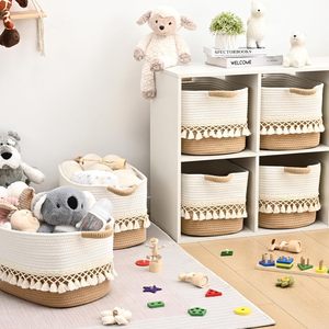 Boho Large Woven Cotton Rope Storage Bins Heavy Tassel Shelf <strong>Baskets</strong> Organizing <strong>Cube</strong> Organizer Bins for Baby's Clothes - Product Image 4