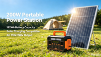 Station d'alimentation portable solaire 192Wh 200W avec sortie AC 110V/220V, panneau solaire pliable pour le camping en plein air
