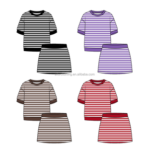 Ensemble de survêtement pour filles, ensemble jupe et sweat-shirt à manches courtes rayé pour l'été, vêtements en deux pièces pour un usage quotidien décontracté, logo personnalisé - Product Image 3