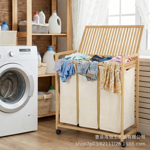 Estante de almacenamiento de ropa de bambú con bolsas de lona de 50L y tapa de madera para organizar la ropa en el baño - Product Image 2