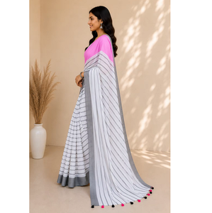 Sari en coton mélangé blanc pour femmes, tissu respirant de qualité supérieure, bordure élégante, collection de vêtements ethniques traditionnels - Product Image 4