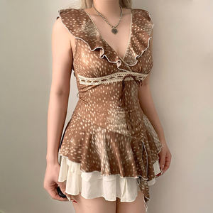 Animal Print V-Neck Shoulder Women's Summer Knitted T-<b>Shirt</b> Breathable Eco-Friendly Anti-UV New Arrival Hot Sale Irregular Hem - Product Image 5