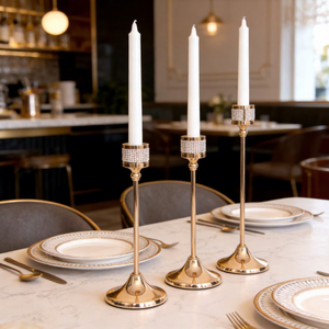 Support de <span class=keywords><strong>bougie</strong></span> luxueux en diamant pour décorations de mariage, porte-<span class=keywords><strong>bougie</strong></span> conique doré, bougeoir décoratif doré avec diamant - Product Image 1