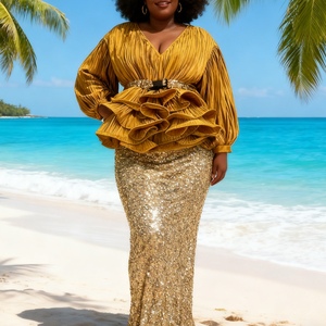 ชุดเซ็ตแฟชั่น 2 ชิ้น สไตล์แอฟริกัน เสื้อแขนกระดิ่ง คอวี แต่งระบายชายเสื้อ ผ้ามันวาว พร้อมกระโปรงปักเลื่อมเอวสูงสำหรับผู้หญิง - Product Image 2