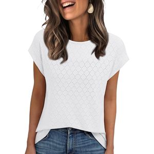 2025 2025 femmes été mode tunique t-shirt coupe ample décontracté hauts avec oeillet broderie vacances casquette manches tailles XS & XL - Product Image 2