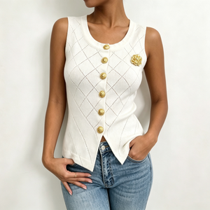 <b>White</b> Knitted Sleeveless <b>Tank</b> <b>Women</b> Button Front Slim Fit Summer Vest Casual Breathable 100% Polyester Outerwear - Product Image 1