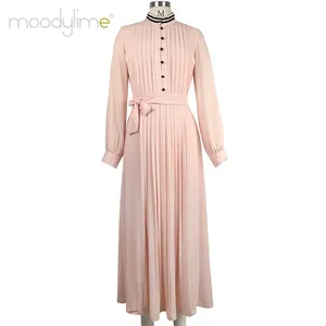 Moodyline 새로운 디자인 긴 소매 pleated 여성 드레스 우아한 쉬폰 맥시 드레스 이브닝 드레스