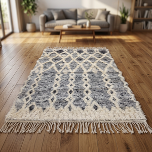 Alfombra de Lana Gris Blanca con Patrón Geométrico Marroquí Trenzado, Alfombra Afelpada con Flecos, Decoración Personalizada para Sala de Estar, Dormitorio, Pasillo - Product Image 3