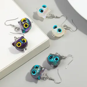 Ins New Cartoon Cat Big Eyes Animal Cute Laser Mysterious Dazzle 3D Owl Student Sweet Girl Gift Acrylic Drop Earrings for Women