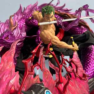 Figurine d'anime Roronoa Zoro style trois épées avec dragon violet et effets lumineux roses pour les collectionneurs sur le thème des pirates - Product Image 5