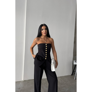 Gilet long en tissu tissé noir pour femme avec boutons dorés, broderie vintage et logo rétro, style décontracté pour costumes d'automne - Product Image 1