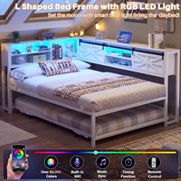 Lit d'appoint XL réglable d'angle avec station de charge LED intégrée, cadre de lit plateforme style ferme, portable, en métal, pour entrepôt