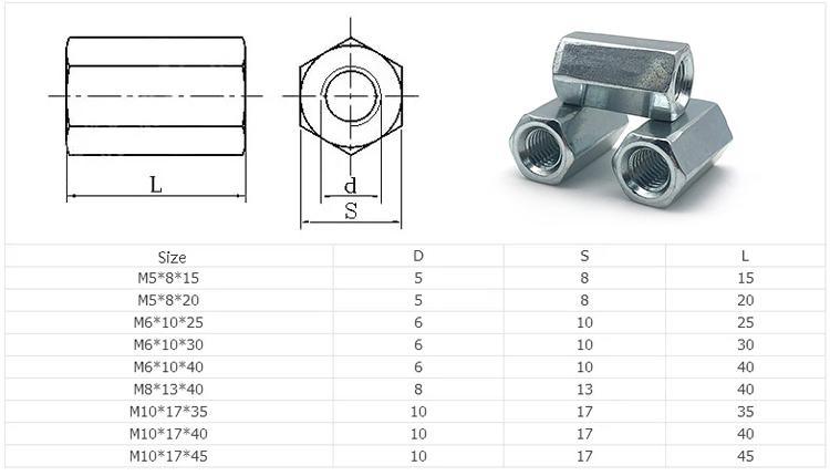 DIN6334 Sleeve Barrel Nut Stainless Steel M3 M4 M5 Hex Coupling Nut