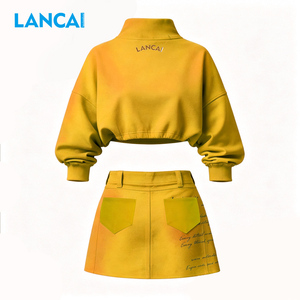 LANCAI Women Streetwear <b>Set</b> Yellow <b>Tie</b> Dye Print Zipper Top With Above Knee Skirt Loose Fit Spring Summer Casual Outfit - Product Image 3