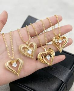 18K Gold Plated Hollow Heart Pendant Necklace 4 Styles Teardrop Round CZ Diamond Open Heart Charm Twist Rope <b>Chain</b> Women Fashion - Product Image 5