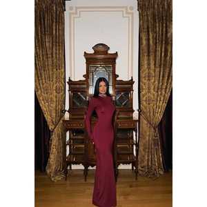 Robe de bal vintage bordeaux à manches longues, motif brodé, taille empire, taille naturelle XL, en polyester, longueur maxi, pour soirée - Product Image 3