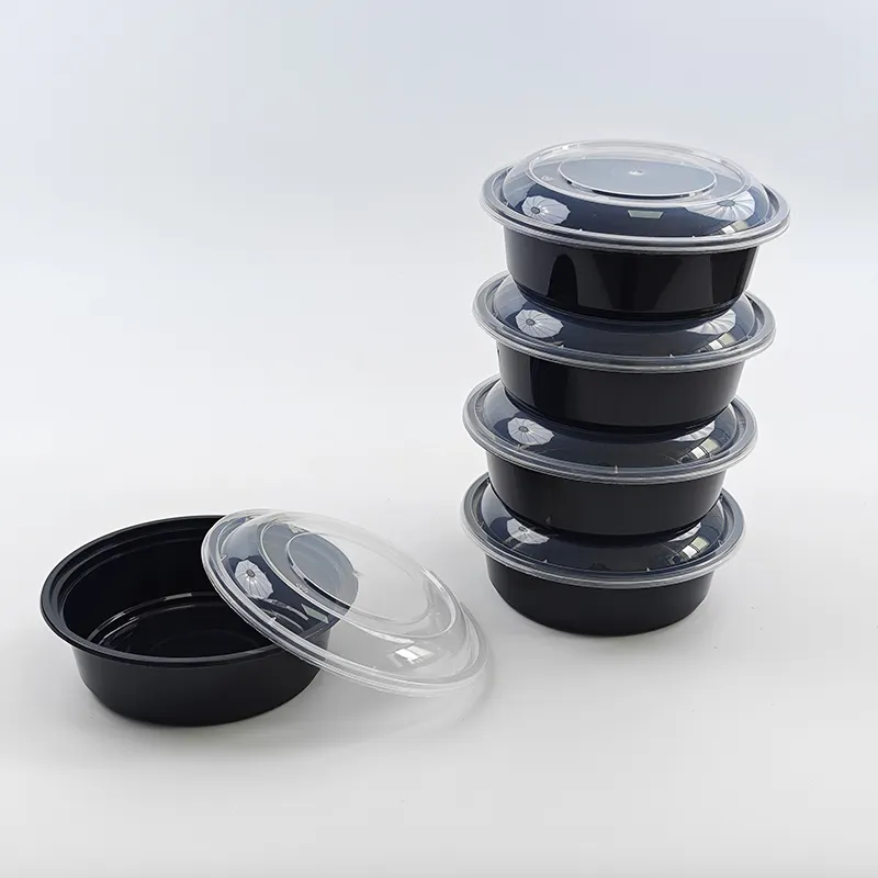 12oz 15oz 24oz 30oz 37oz 44oz Meal Prep Food Storage Disposable Black Round Plastic Food Container Lunch Box Bowl with Lid