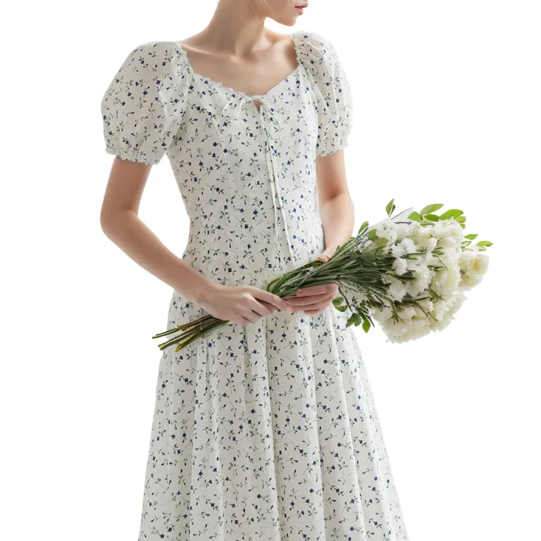 Individuelles Sommer Vierkantkragen Kurzarmkleider floral bedruckt rückenfrei Vintage Mode Milchjungfer Dame lässiges langes Midi-Kleid