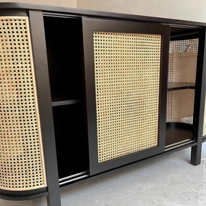Black solid wood <b>sideboard</b> for dining, vintage style, suitable for home use, French style, rattan woven wood, tea cabinet, - Product Image 3